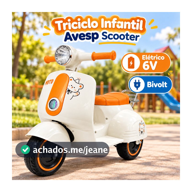 Triciclo Infantil 6V Bivolt Avesp Elétrico Scooter Com Som Luz Baú Pimp