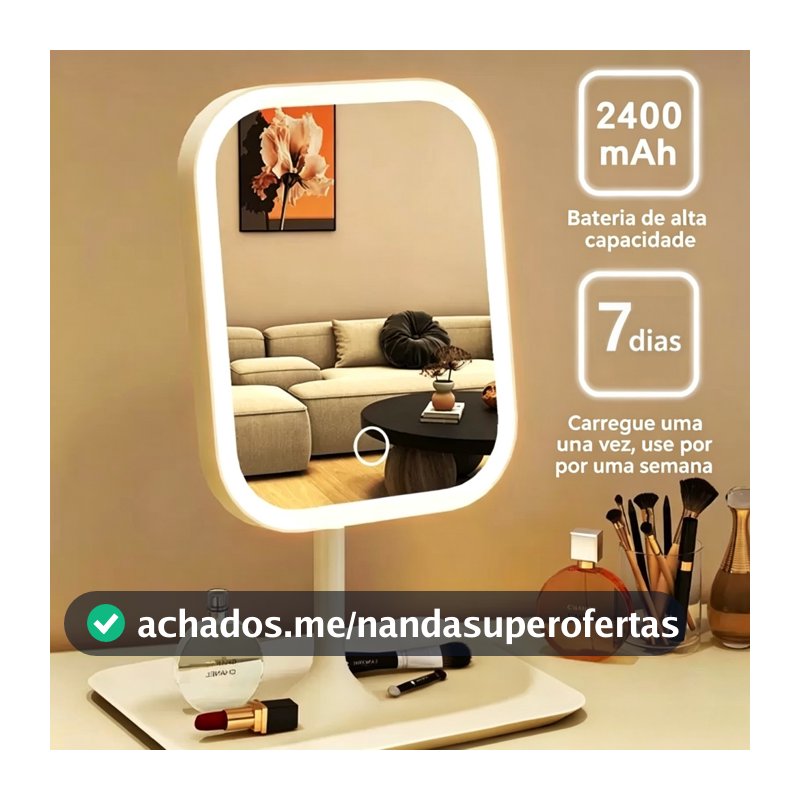 Espelho LED de Mesa Touch Recarregável USB para Maquiagem com Base Porta Objetos e 3 cores de luz