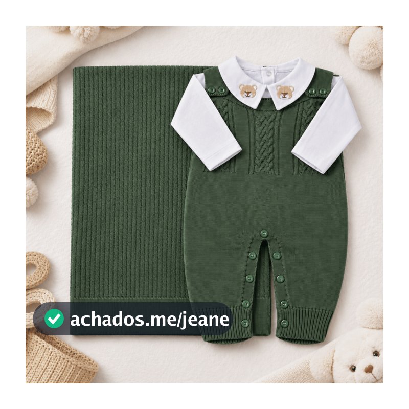 Saída Maternidade Madri Bebê Jardineira + Manta Tricô 3 Peças | Body Gola Bordada | Menino