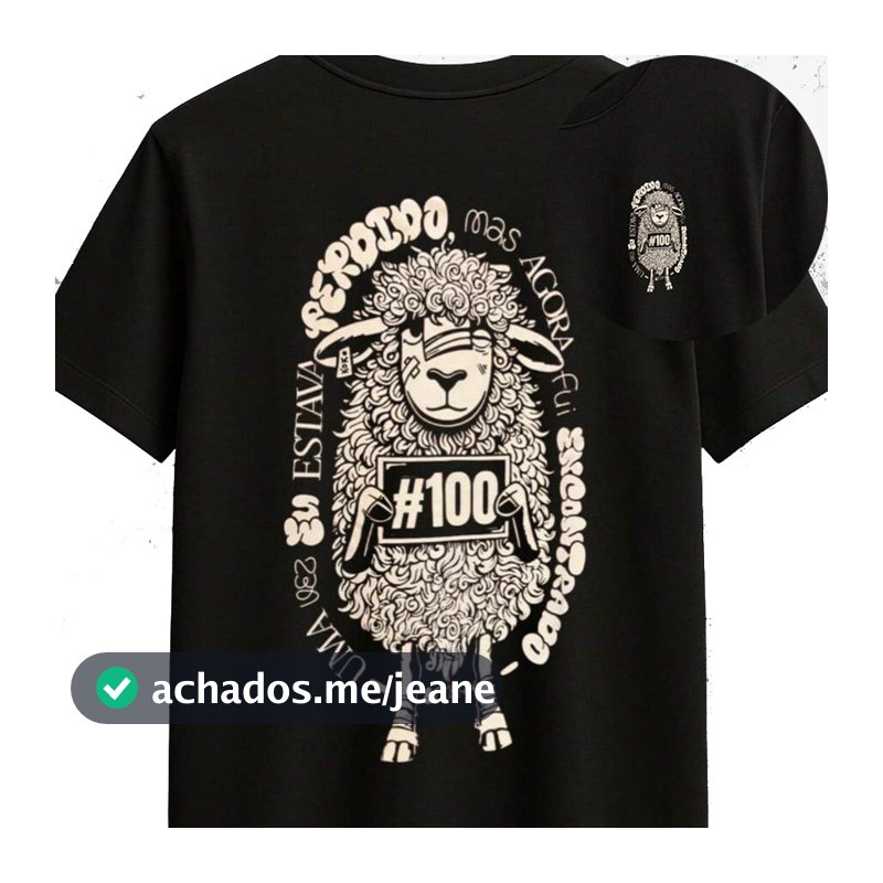 Camiseta Ovelha #100 Perdido Mas Agora Encontrado Versículo Bíblico Preta Oversized Unissex Algodão Premium