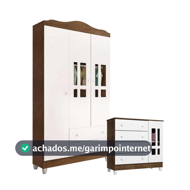 Cômoda E Guarda Roupa Infantil Ariel 3 Portas Branco Acetinado Amadeirado - Carolina