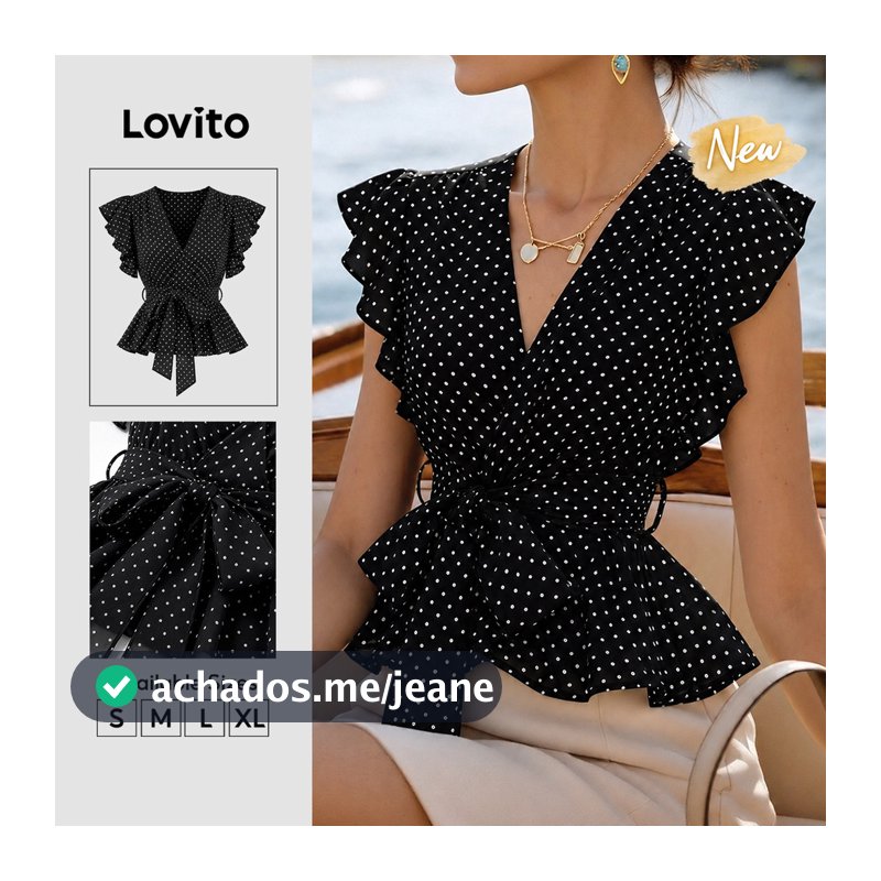 Lovito Blusa Feminino Casual De Bolinhas Sem Mangas Com Decote Em V E Amarração Com Babados Para O Fim De Semana E O Trabalho TKK10BR330