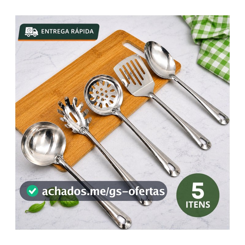 Kit 5 /3 Utensílios Inox Cozinha Jogo Concha Colher Arroz Escumadeira Espátula Pegador De Massas