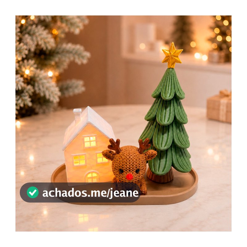 Kit Vila Natalina com Rena Pinheirinho Casinha com LED e Bandeja Decoração de Natal