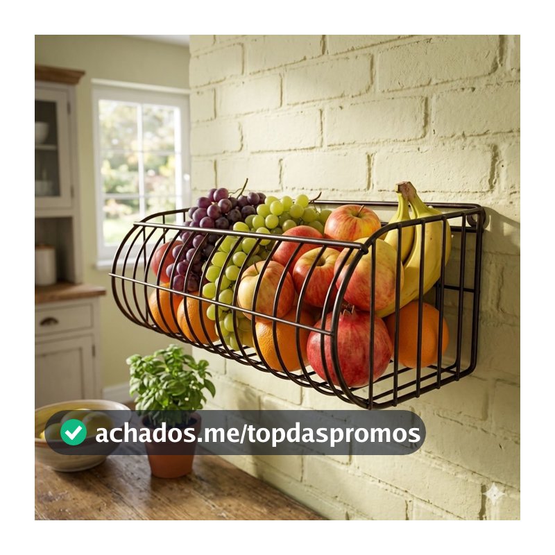 Fruteira Cesto de Parede  em Aramado de Ferro 40x20cm p/ Balcão de Armario, Cozinha. Preto ou branca