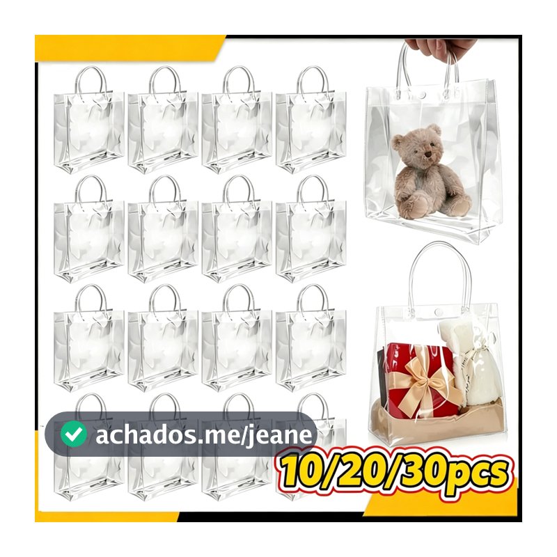 Até 30 Sacolinhas de Presente Transparentes 3 Tamanhos em PVC com Alças e Botões para Lembrancinhas