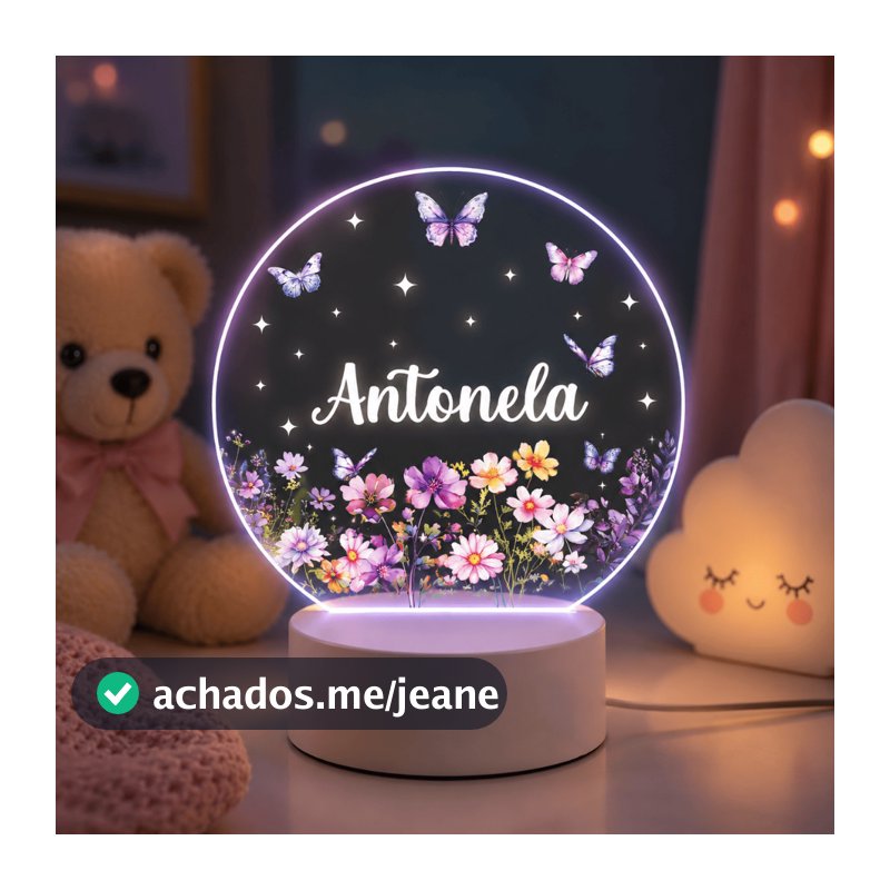 Luminária UV Colorida Bebê Jardim Florido - Maternidade Personalizado, Decoração, Criança, Borboletas, Flores