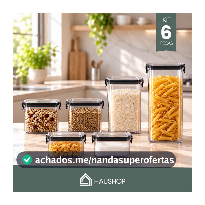 Potes Herméticos Kit 6 Unidades Plásticos Haushop BPA Free Para Alimentos Porta Mantimentos Organizador Cozinha
