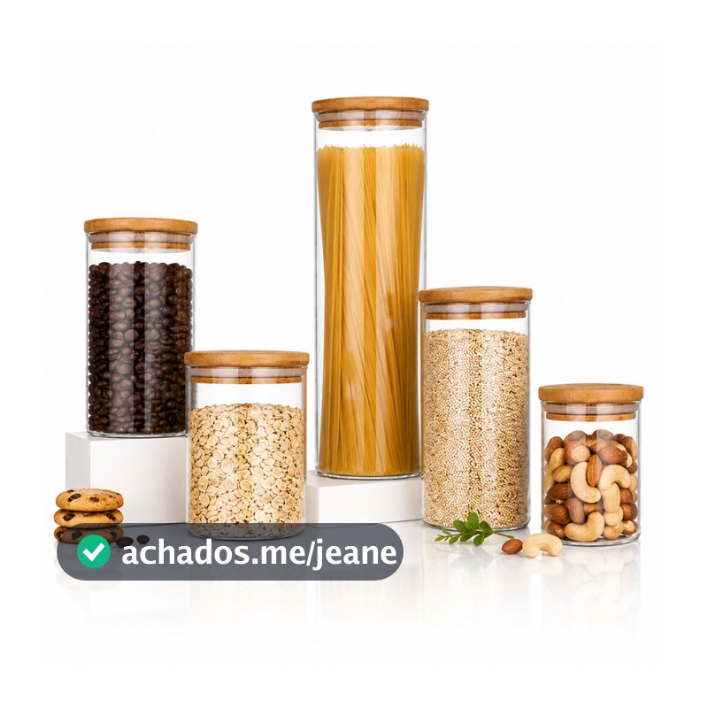 Kit Potes Mantimentos Vidro Herméticos Com Tampa Bambu Alta Resistência Epsilon Transparente
