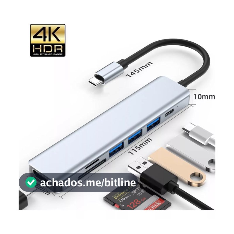 Hub USB-C 8 em 1 HDMI 4K RJ45 USB 3.0 SD TF PD 100W Adaptador Notebook MacBook Celular