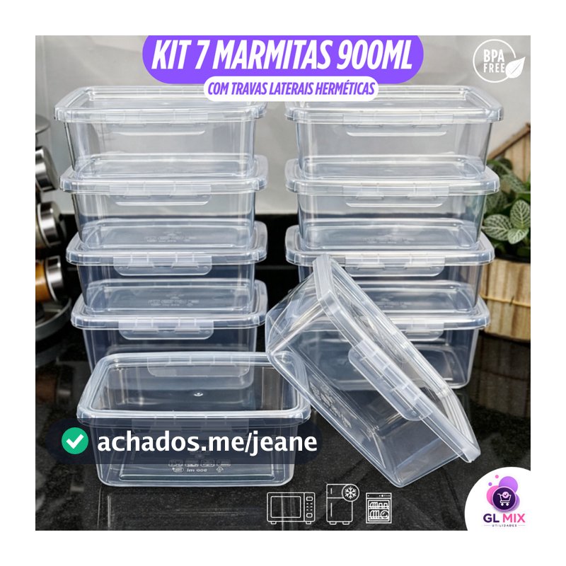 Kit 7 Marmitas 900ml Travas Laterais Herméticas Reutilizáveis - BPA FREE para Alimentos e Congelador