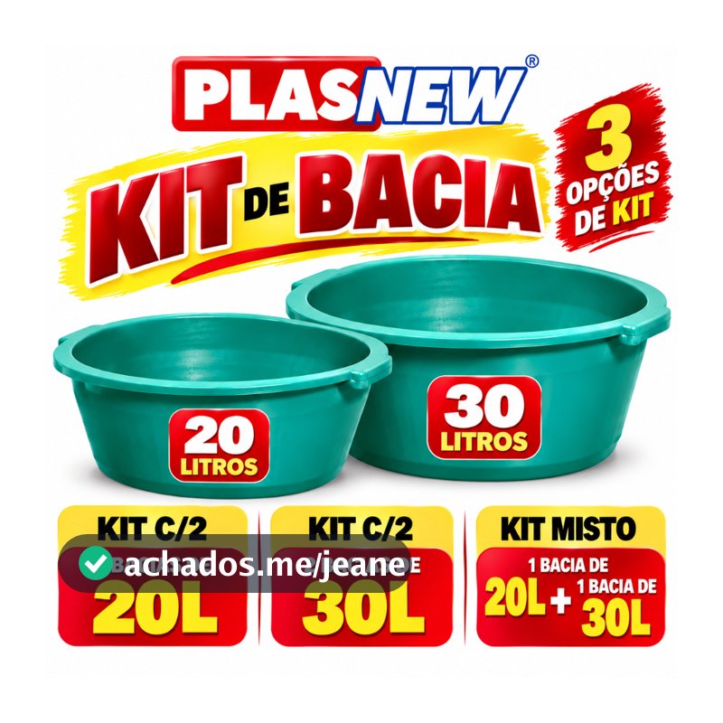 Kit Bacia Plástica Plasnew 20L e 30L – 2 Unidades – Escolha 2x20L, 2x30L ou Kit Misto 20L + 30L