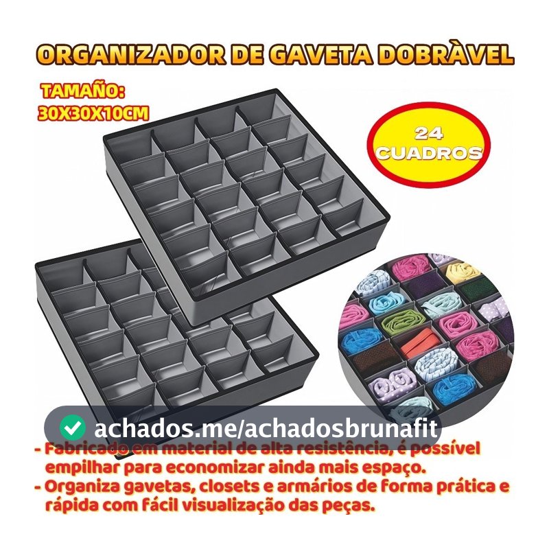 Organizador De Gaveta Dobrável Intimas Meias Cueca Calcinha 30X30X10CM Com 24 Possível Empilhar