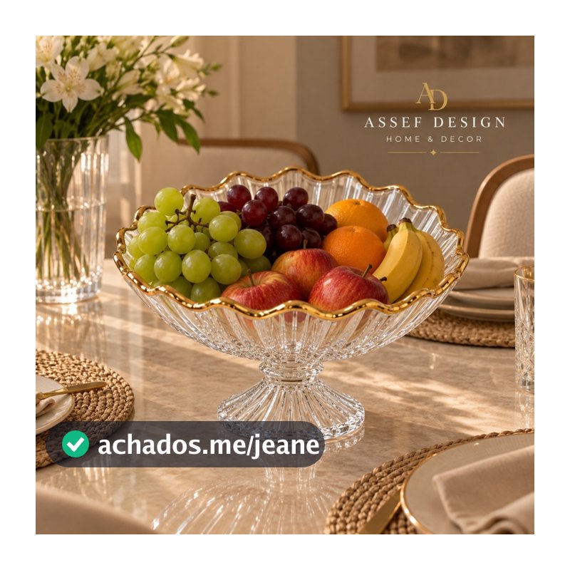 Fruteira de Acrílico Diamantada Borda Dourada com Pedestal 25,5cm para Mesa Posta Cozinha e Decoração Sofisticada