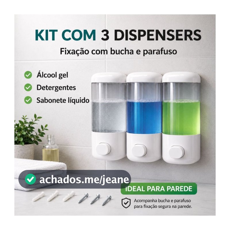 Kit c/ 3 Dispenser Sabonete Líquido Parede 580ml Porta Álcool Gel Shampoo Detergente Banheiro Cozinha