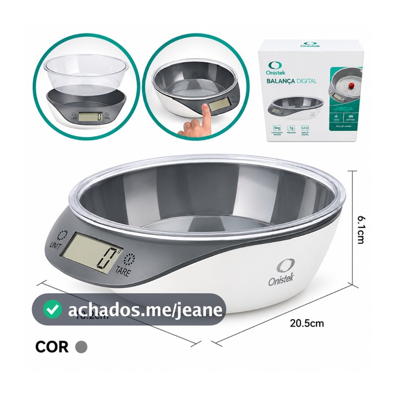 Balança Digital de Cozinha 5kg Precisão 1g com Tigela Removível Função Tara Display LCD Onistek