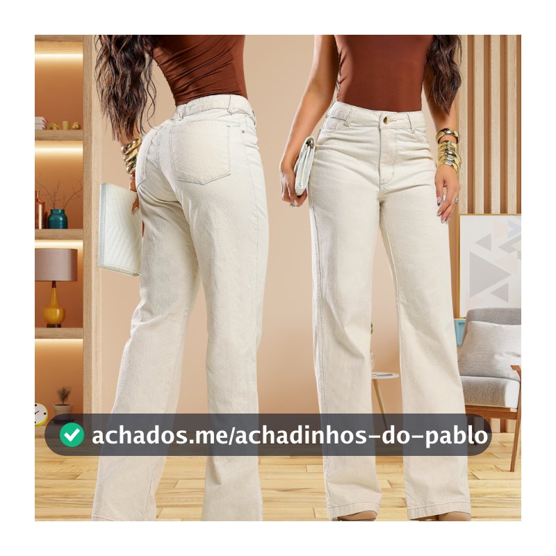 Calça Feminina Wide Leg Areia Delicada 100% algodão Cintura Alta Levanta Bumbum Perfeita