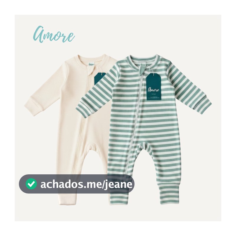Kit 2 Macacão longo para Bebê Amore Listrado Verde Água e Bege 100% Algodão