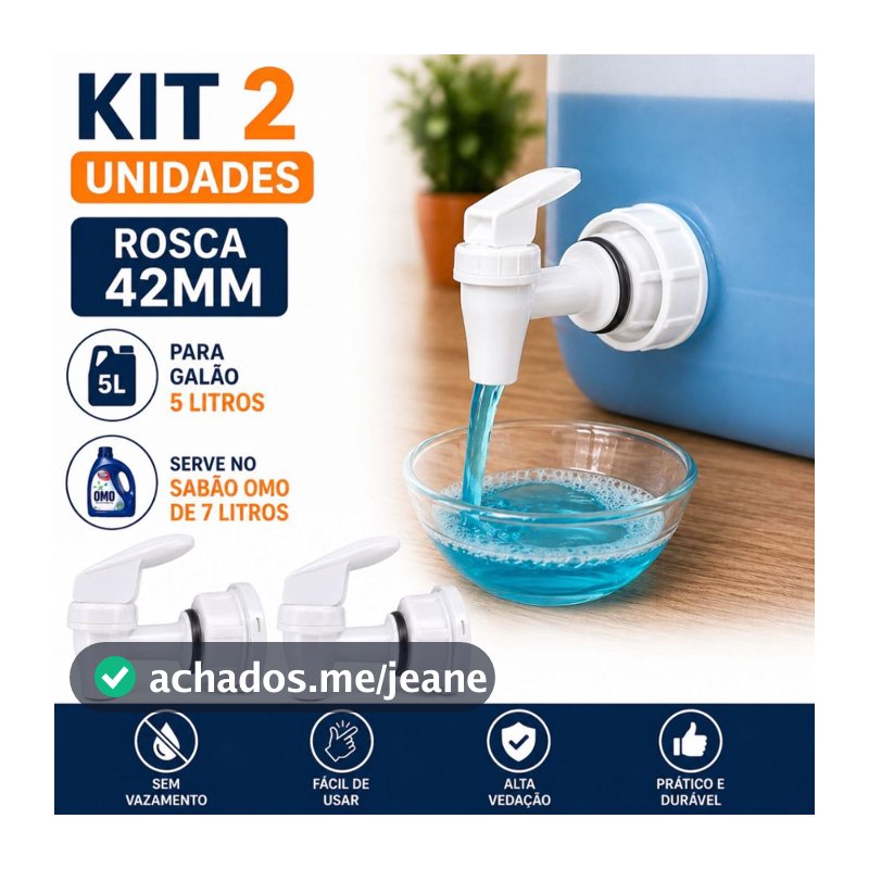 Kit 2 Torneiras com Tampa para Galão 5L e 7L Rosca 42mm Omo Comfort Brilhante Já Vem Montada Sem Vazar