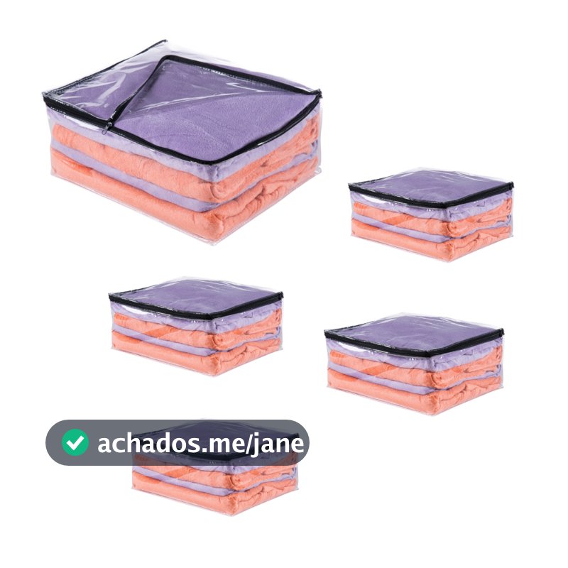 Kit 5 Saco Embalagem Multiuso Guarda Roupa Edredom Toalhas Transparente 100% Pvc e Ziper Preto