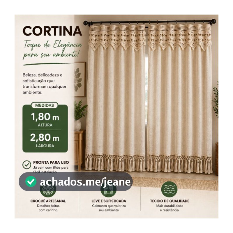 Cortina Rústica 100% Algodão Artesanal 2,80m Largura x 1,80m Altura Crochê e Franjas Sala Quarto