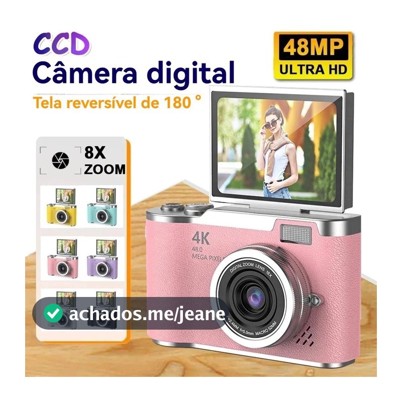 Câmera digital com zoom 4K CCD 8x, adequada para fotografia estudantil, compacta de 48MP, tela flip selfie de 180°