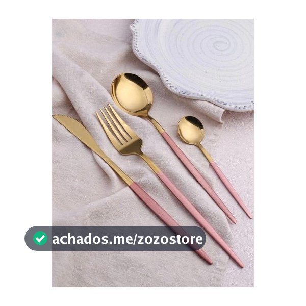 Jogo de Talheres Slim de Luxo Louça Inox Dourado com Rosa Utensílios de Cozinha Talher Kit 4 Peças Suplat