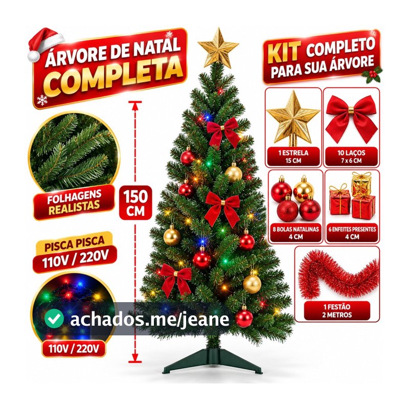 Árvore de Natal Decorada 150 Cm Completa com Enfeites Pisca-Pisca LED Bolas Estrela e Festão Envio Rápido