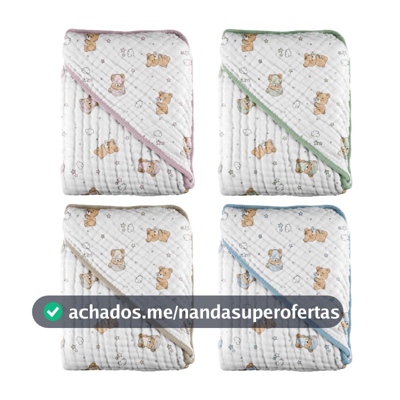 Toalha com capuz Soft Ursinho 68x68cm 100% Algodão Dupla Camada Macia Inconfral Enxoval de Bebe