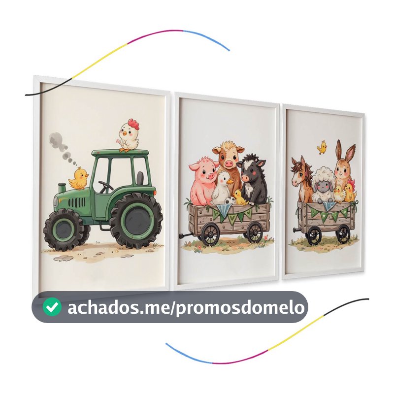 Conjunto de 3 Quadros Decorativos Infantis, Tema Fazendinha com Trator e Animais, Aquarela