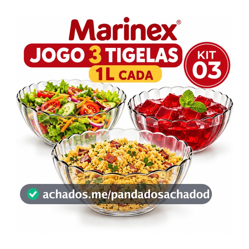Kit Jogo de 3 Tigelas de vidro temperado Saladeira Bella Marinex 1L Vidro Resistente