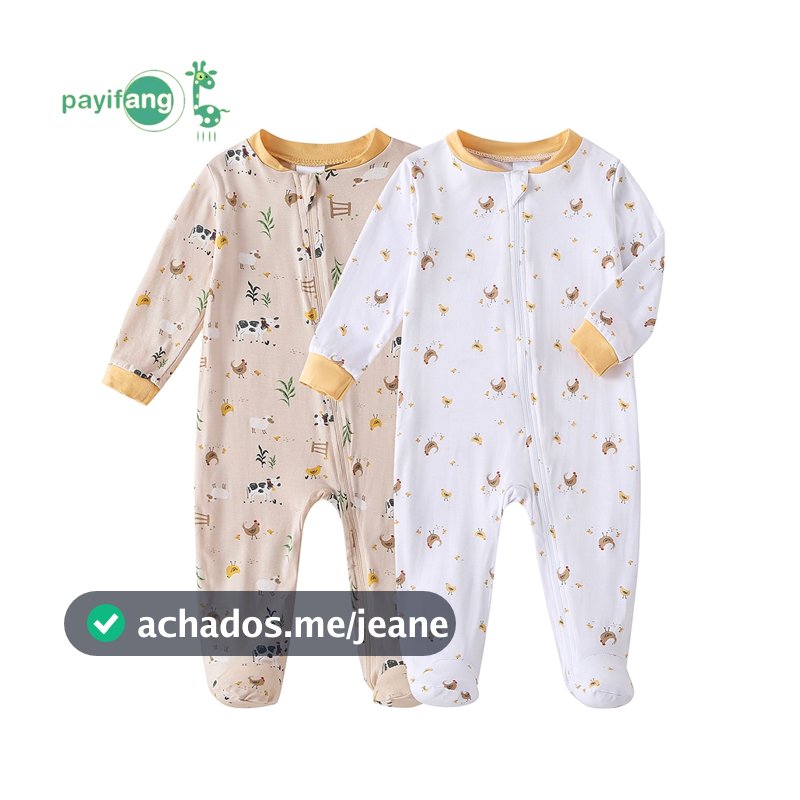 Kit 2 Macacão Bebê Longo com Pé 100% Fibra de Bambu Dinossauros Listrado Macio Para Dormir TM-2056