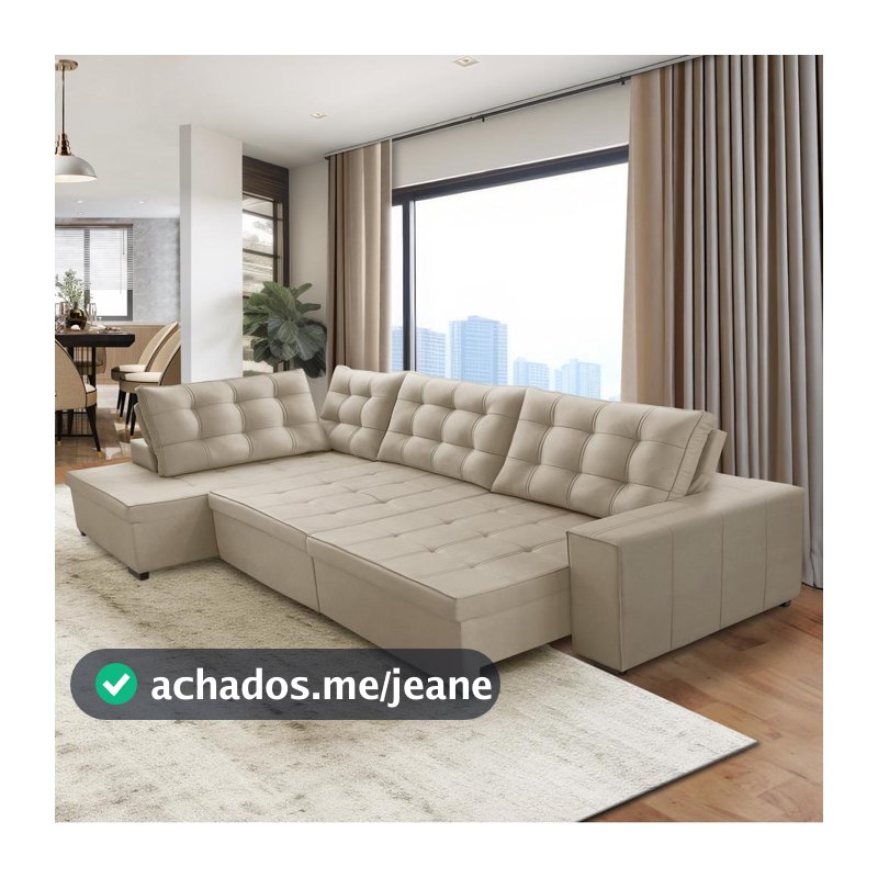 Sofá de Canto Retrátil e Reclinável com Molas 3,00x2,00 Esq Jacke Suede Bege Adonai Estofados