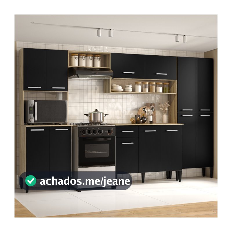 Armário Cozinha Completa Arizona Plus Carvalho com Preto Carraro