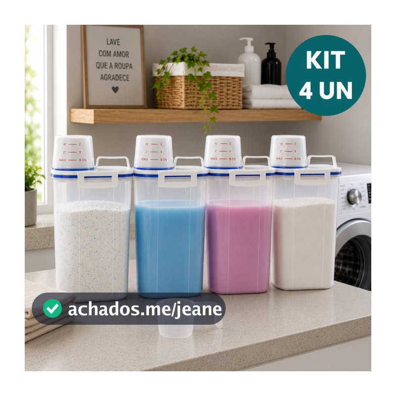 Kit 4 Potes Herméticos 2L Lavanderia Copo Medidor Bico Dosador Organizador Sabão em Pó Amaciante Detergente