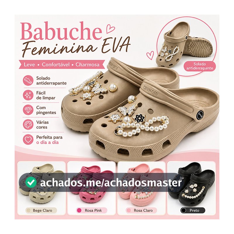 Babuche Feminina EVA com Pingentes e Corrente Leve Confortável Antiderrapante para Dia a Dia