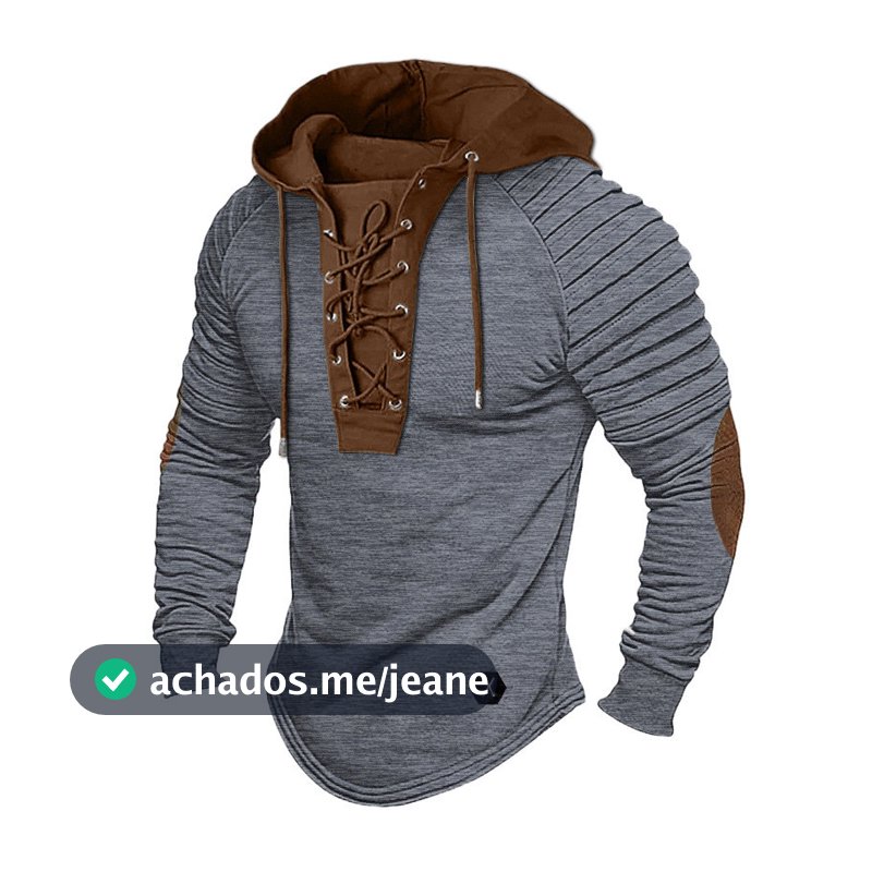 Camiseta Masculina Com Capuz De Cor Sólida E Manga Comprida Cadarço