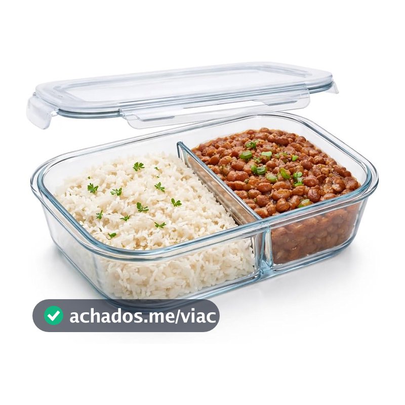 Pote Marmita de Vidro Borossilicato com Divisória | Pote Hermético 2 Compartimentos, 1040ml, 18x13,5x6cm