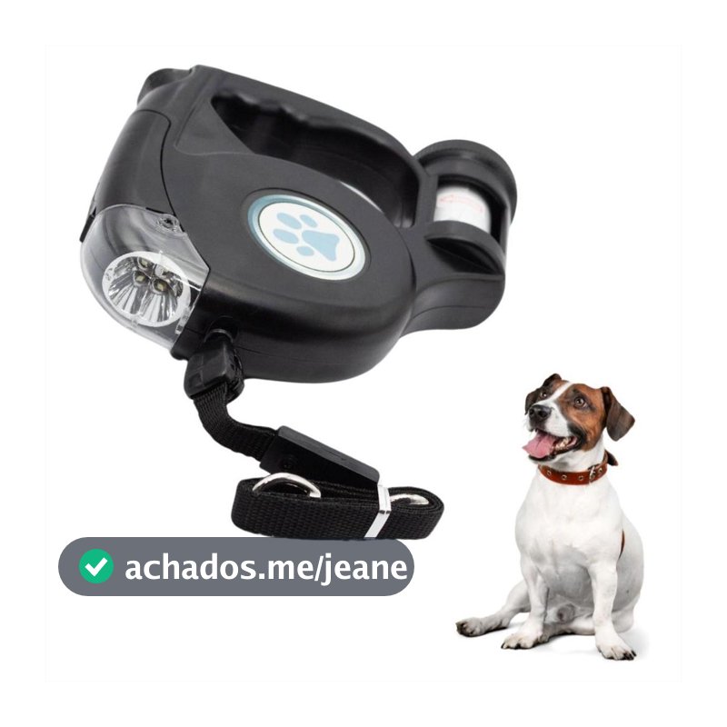 Guia Passeio Retrátil 5m Cachorro Com Lanterna Porta Saquinho