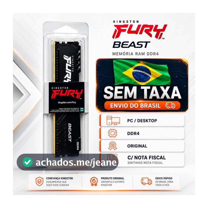 Memória RAM Kingston Fury Beast 8GB 16GB 32GB DDR4 ORIGINAL NOVO PC GAMER Desktop C/ NOTA FISCAL