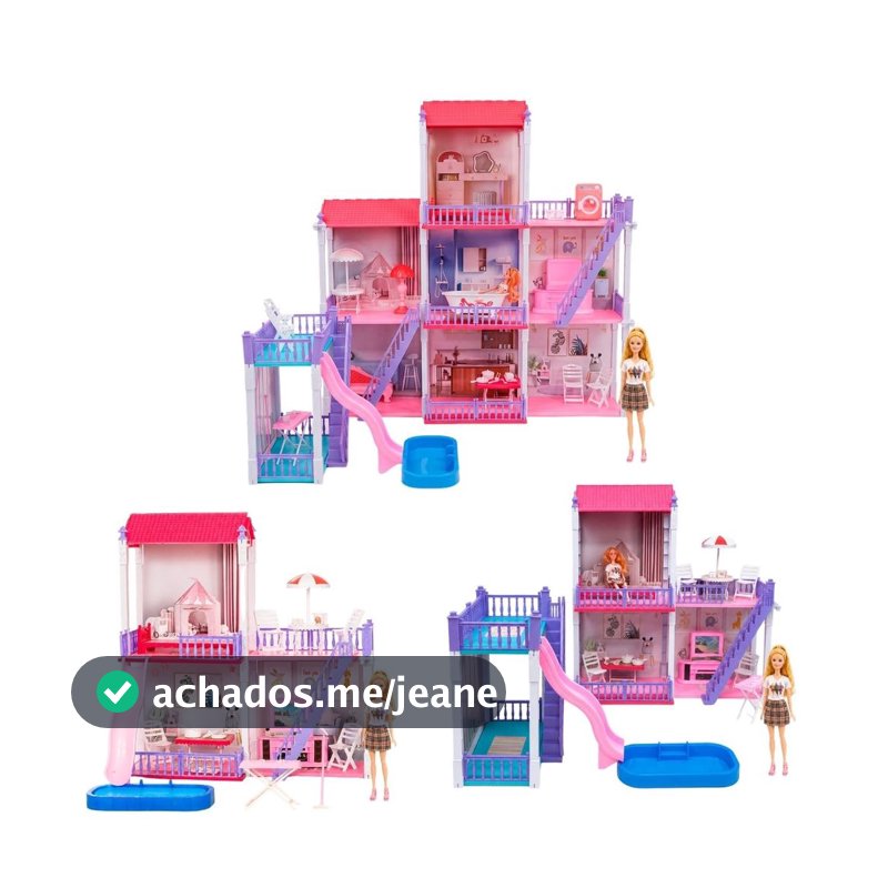 Casinha de Boneca Grande Brinquedo Infantil com Piscina Móveis Removíveis e Boneca Articulada 30cm Maxi Toys