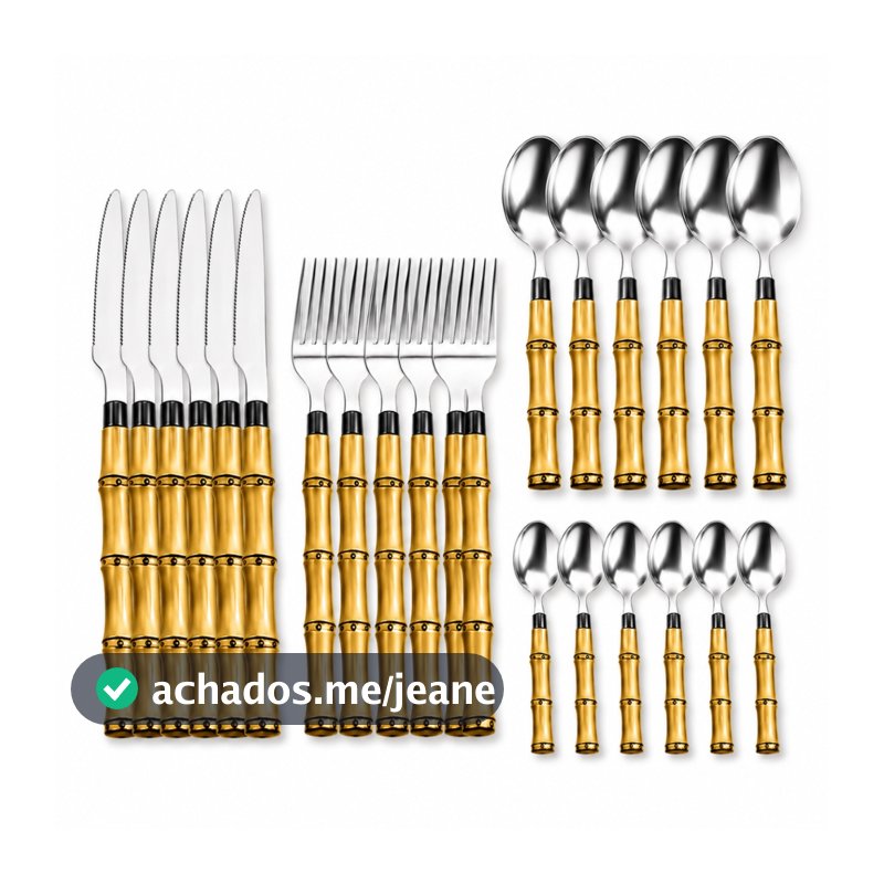 Faqueiro 24,12 ou 8 Peças Aço Inox Cabo Bambu Jogo de Talheres Luxo Cozinha Cabo imitando Madeira Bambu
