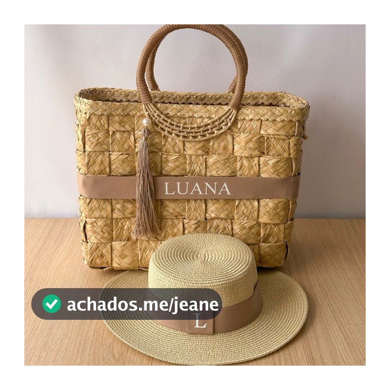 Kit bolsa e chapeu de praia personalizado nome palha faixa inicial palina