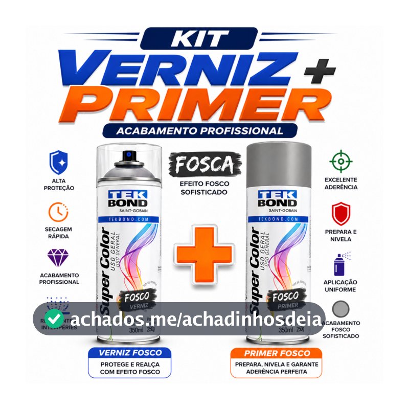 Kit Verniz fosco e Primer 350ml Tekbond Aerossol Secagem Rapida Metal Madeira Ferro MDF