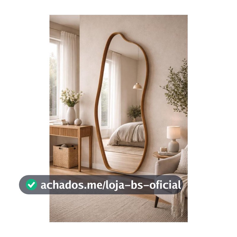 Espelho Decorativo Orgânico Flame Grande Corpo Inteiro Closet com Moldura em Madeira Cinamomo ou Couro