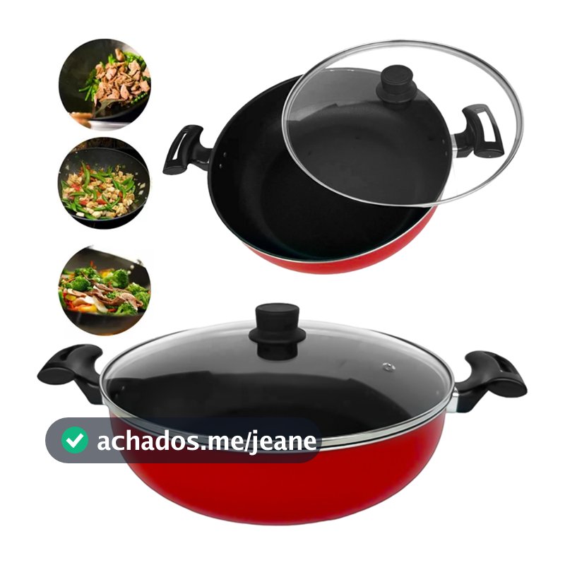 Frigideira Tampa de Vidro  Wok Grande Panela Antiaderente Funda Grande Aluminio Carne Yakisoba