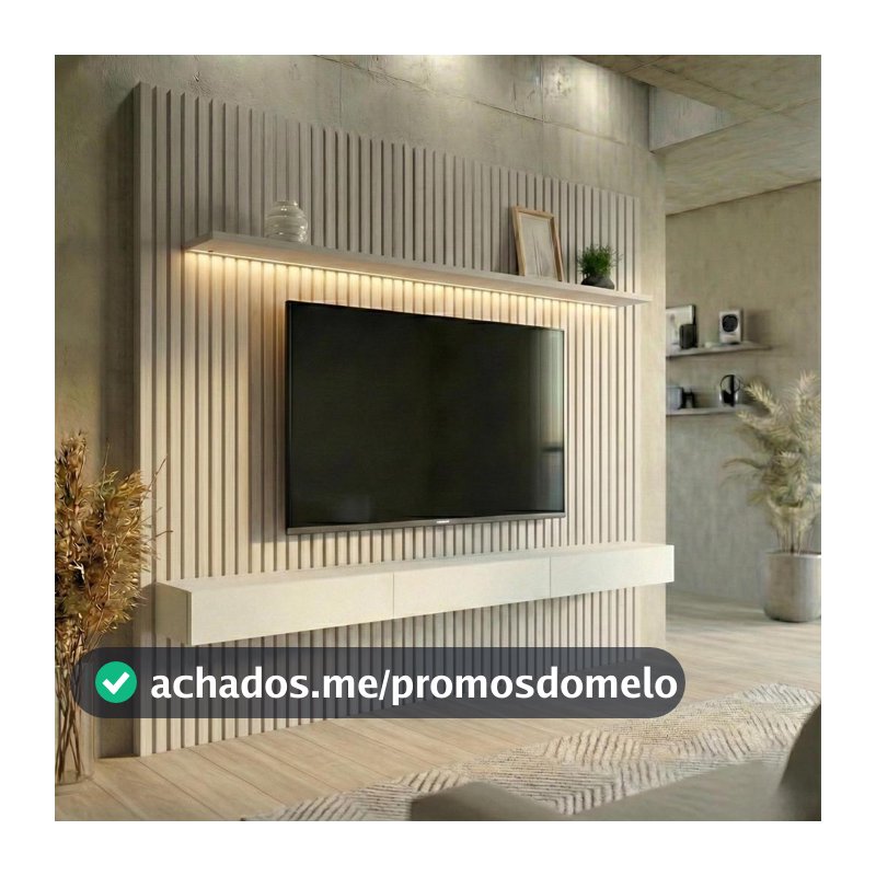 Painel Ripado com Rack Suspenso até 70 Polegadas Tulum com LED 1 PT 2 GV Off White Alt 218 Larg 222 cm