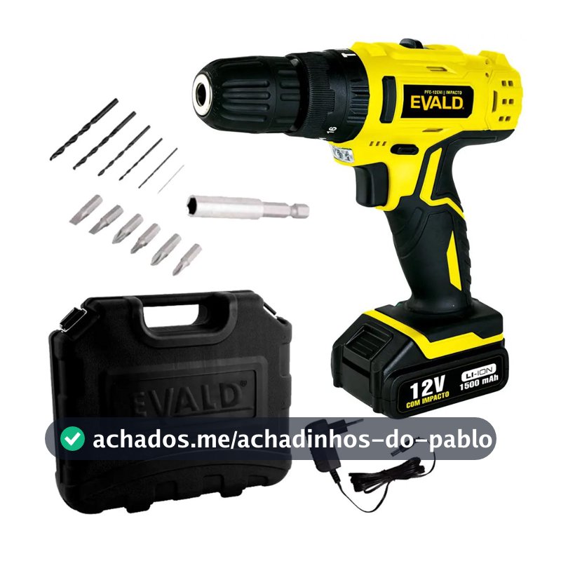 Parafusadeira Furadeira Bateria 12V com Impacto Bivolt PFE-012EVI Maleta e Kit EVALD