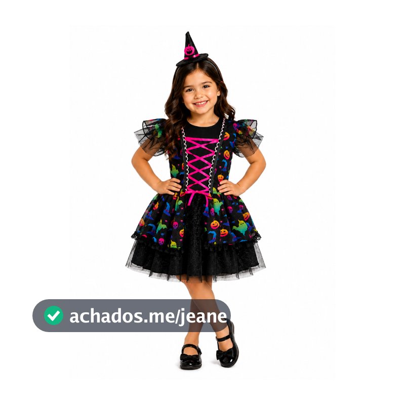 Fantasia Halloween Infantil Menina Vestido Bruxinha Luxo Estampa Neon Festa Dia das Bruxas