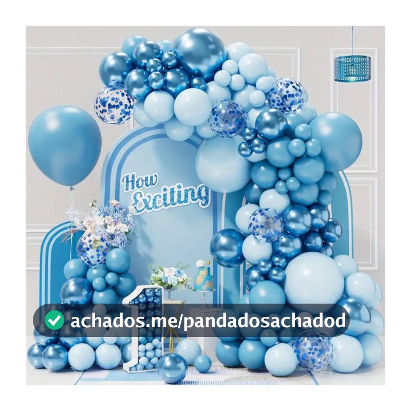 Kit 140 Balões Azul Metalizado Liso Bexiga Azulado Cromado Decoração Arco Desconstruído + Fita Festa Aniversário Bebê